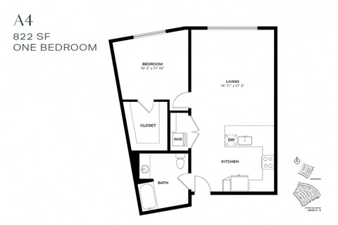 Floor plan for 1 bed, 1 bath, 822 sqft